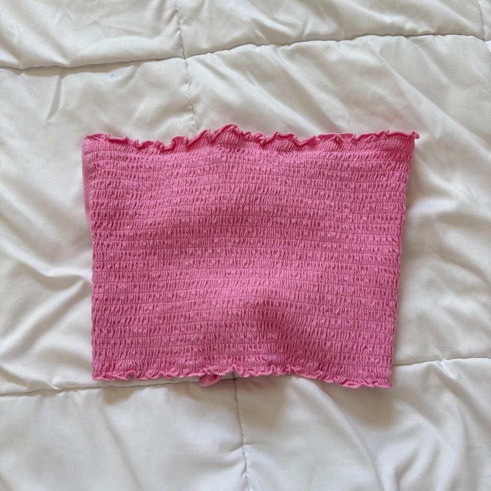 Pink Smocked Tube Top with Back Bow Ties Coquette Feminine Barbie Womens Dainty